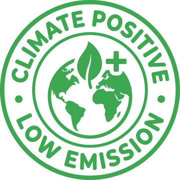 Climate positive low emission stamp with globe and leaves renewable energy symbol green design concept.