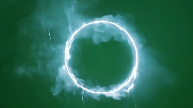 Circular electric arc with glowing blue light and swirling smoke gradually intensifies and expands against a dark green background in a continuous visual progression