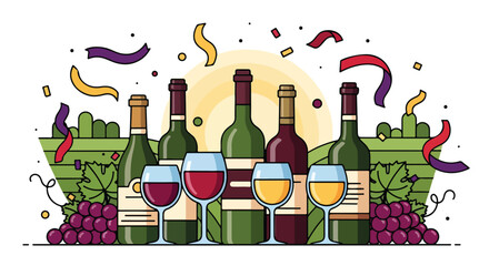 Fototapeta premium A vibrant illustration of wine bottles and glasses with grapes