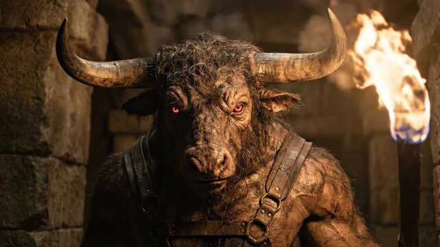 Minotaur holding a torch in a dark stone dungeon. Muscular horned creature with red eyes standing in ancient labyrinth. Mythological monster fantasy portrait.