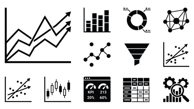 Set of various financial and statistical charts, graphs, and data analysis icons for business and finance visuals.