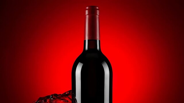 Red wine bottle with a dynamic splash on a vibrant red background. Elegant glass bottle surrounded by exploding liquid droplets and ripples. Luxury beverage concept for winery marketing campaigns.