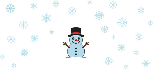 Cute Light Blue Snowman Wearing a Black Top Hat Surrounded by Various Snowflakes for Winter Holiday Season Christmas Greetings and Festive Graphic Design Projects © Sajjad