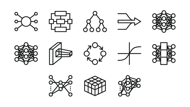 Set of abstract neural network and artificial intelligence line icons.