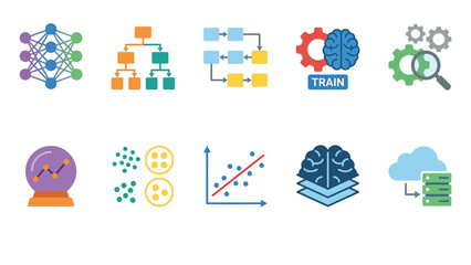 Fototapeta premium Machine learning workflow and predictive analysis icons with colorful flat design.