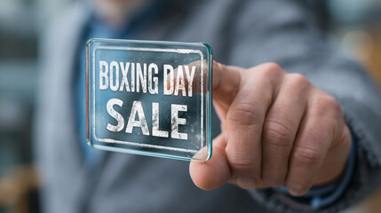 Businessman holding a futuristic glass screen with Boxing Day Sale text