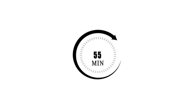 A circular arrow rotates with a ticking clock face, then displays 55 min in a dynamic and clean animation on a white  background  white background 