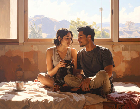 Couple relaxing with cat