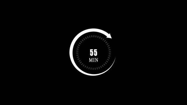 A circular arrow rotates with a ticking clock face, then displays 55 min in a dynamic and clean animation on a black background.