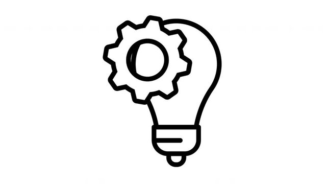 Light bulb with rotating gear cog line art animation for creative engineering and business idea concept