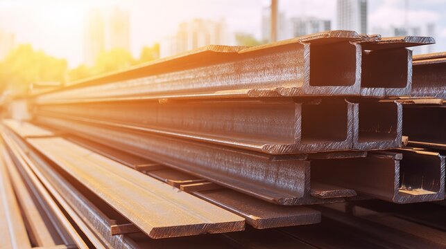 rigid. Steel beams and construction materials in an industrial scene, arranged with dynamic angles. safety posters.