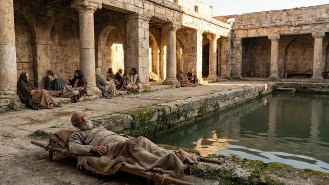 Sick man rests on a cot by the pool of Bethesda. Biblical scene featuring Jesus and people during ancient times. Religious narrative of healing and faith.