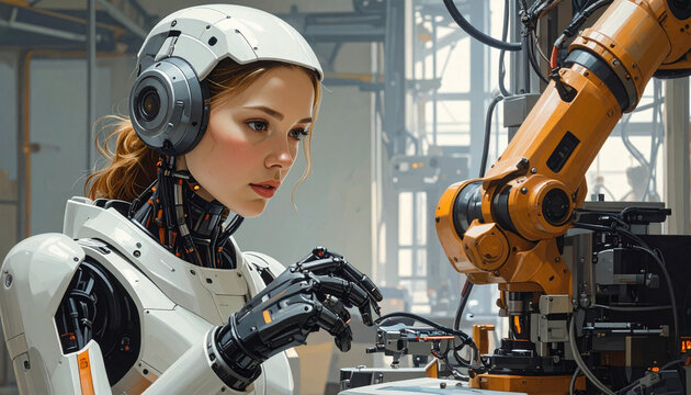 Android Woman Robot Interacting with Robotic Arm in Laboratory