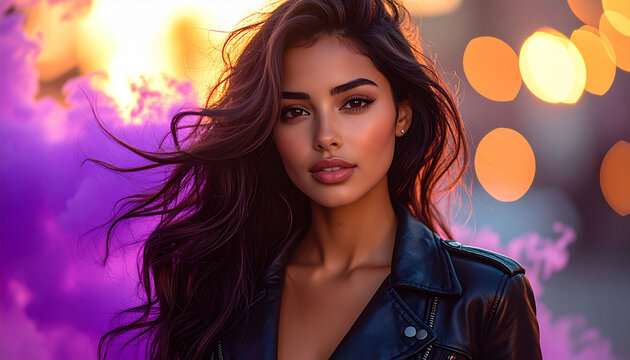 Beautiful woman with long wavy hair at sunset with bokeh lights