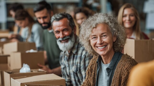 Diverse Group of Volunteers Packing Boxes Together