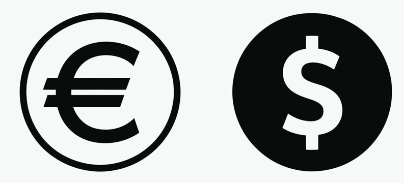 Money currency icon set with euro outline sign and dollar black silhouette coin symbol isolated on white background vector