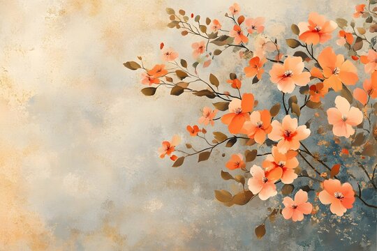 Beautiful painting of peach flowers against a soft, muted background with warm tones and textures.