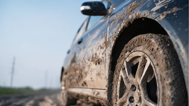 The car's side and wheel are caked in dried mud and dust, revealing the traces of a daring escapade and demanding expedition