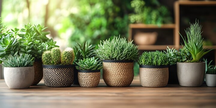 Collection of various potted succulents and plants on a wooden table in a bright indoor setting.