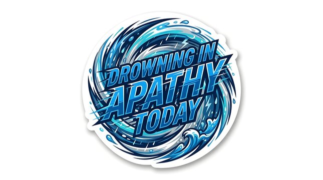 Drowning in Apathy Today: A bold graphic design featuring the phrase Drowning in Apathy Today set against a swirling vortex of blue water and splashes.