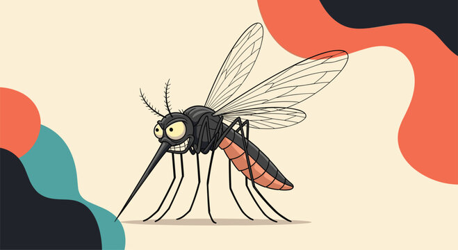Angry cartoon mosquito with a determined expression standing on a cream background with abstract red and black waves.