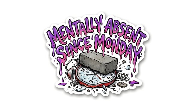 Monday Blues: A shattered alarm clock, crushed by a brick, bears the ominous message Mentally Absent Since Monday.