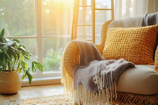 Cozy living room with a wicker chair and a potted plant by the window at sunrise