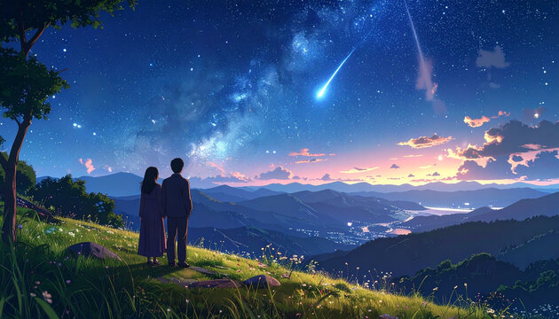 Couple stargazing illuminated landscape
