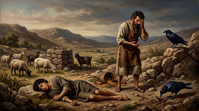 Cain and Abel Conflict Sorrow Ancient Story Biblical Farm Setting Emotional Narrative Depiction Concept