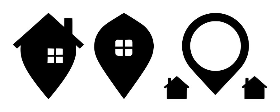 House location pin icon set with solid black shapes featuring GPS, navigation, map with destination and pointer