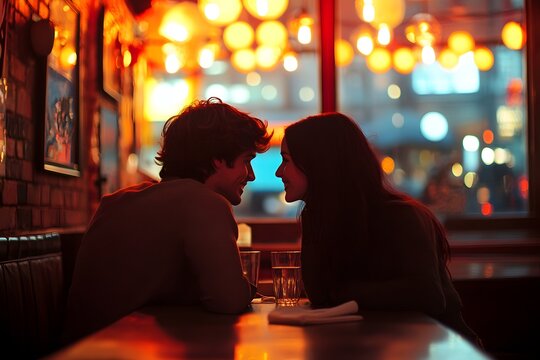 Romantic couple sitting together at a cozy restaurant table with warm lighting in the background