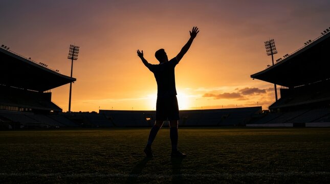 Silhouette of man celebrating on cricket field.