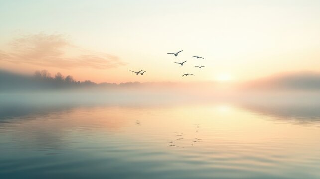 A peaceful estuary at dawn, with soft mist hovering over the water and birds flying overhead