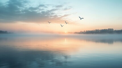 Obraz premium A peaceful estuary at dawn, with soft mist hovering over the water and birds flying overhead