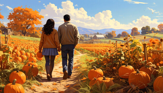 Couple walking pumpkin patch autumn day