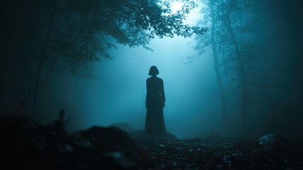 Fototapeta premium Mysterious Figure in Foggy Forest: A solitary silhouette of a person stands in a deep, foggy forest, with eerie blue light filtering through the trees creating a suspenseful and mysterious atmosphere.
