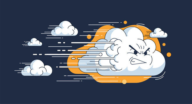 Angry white cloud character blowing fierce wind and moving quickly across a dark night sky with stars.