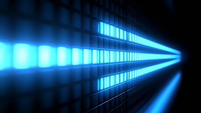 Abstract background with glowing blue digital squares and light streaks.