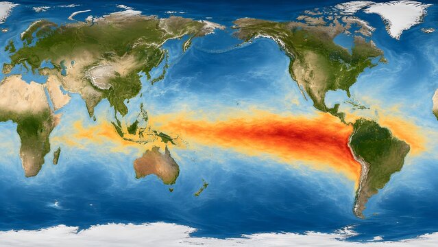 Global map showing El Nino warming pattern in Pacific Ocean	