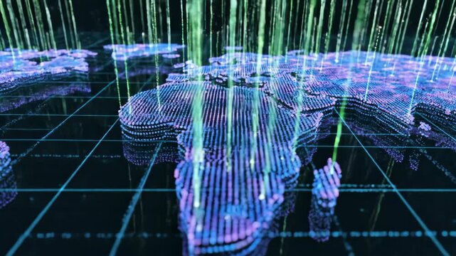 Digital world map visualization with glowing blue and green data streams flowing downward across continents, showcasing a futuristic representation of global connectivity