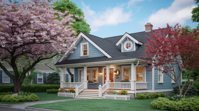Charming blue craftsman cottage with front porch and blooming spring trees in yard