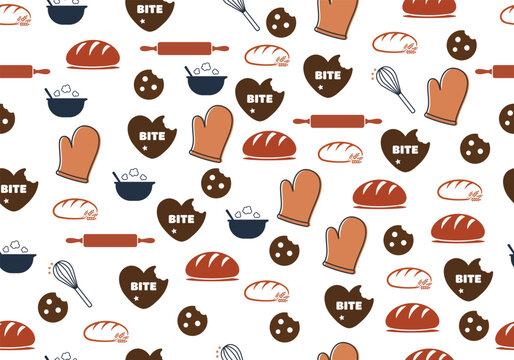 Baking Seamless pattern: bread, cookies, mittens, and rolling pins