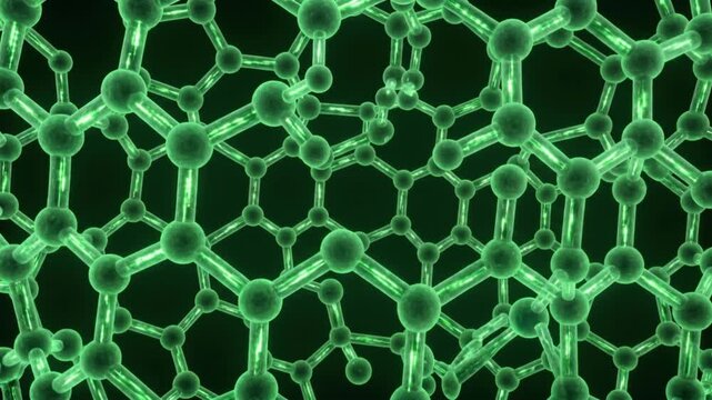 内部経路が緑色に発光し活性化する複雑な分子構造の抽象的なループ映像