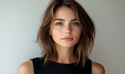 Fototapeta premium Young woman with brown hair and a neutral expression standing against a plain background
