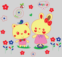 Fototapeta premium Cute little bunny and bear friends in lovely dresses walking in flower garden, sweet vector for children fashion