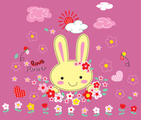 Obraz premium Adorable little rabbit sitting in a beautiful blooming flower meadow, sweet summer vector background for nursery