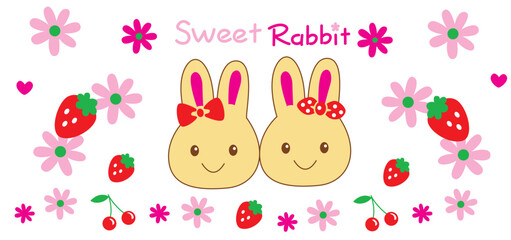 Obraz premium Two cute rabbits with fresh strawberries and small flowers, sweet garden theme vector illustration for kids apparel