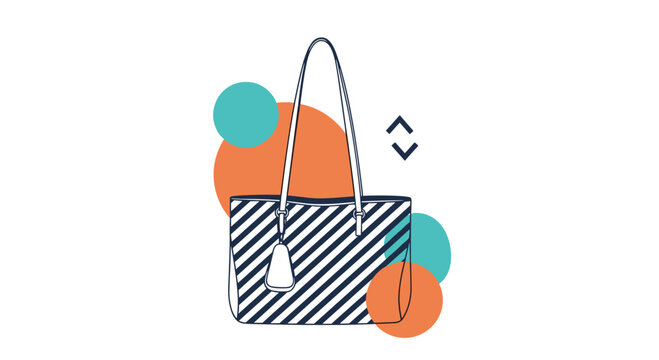 Stylish black and white striped tote bag with long handles displayed against a background of colorful abstract shapes.