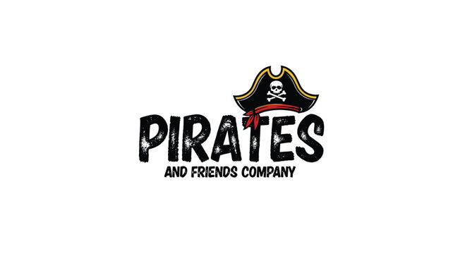 Vintage style logo for Pirates and Friends Company featuring a classic skull and crossbones pirate hat and distressed text.