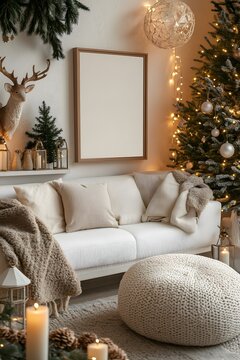 A cozy living room decorated for Christmas with a sofa, a Christmas tree, and a framed picture on the wall. The room is warm and inviting, with soft lighting and festive decorations